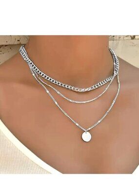 Layered Chain Necklace Silver Round Pendant Choker Y2k Trendy Stylish Retro Sexy